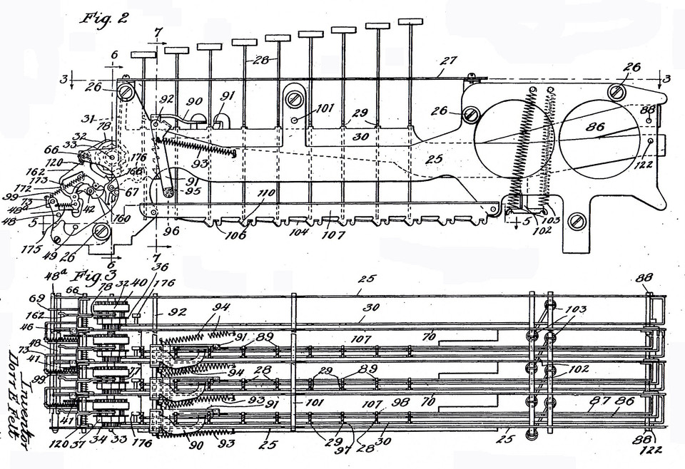 Querschnitte mit Summierwerk, Eingabetasten und Schwinghebel, © US 762520