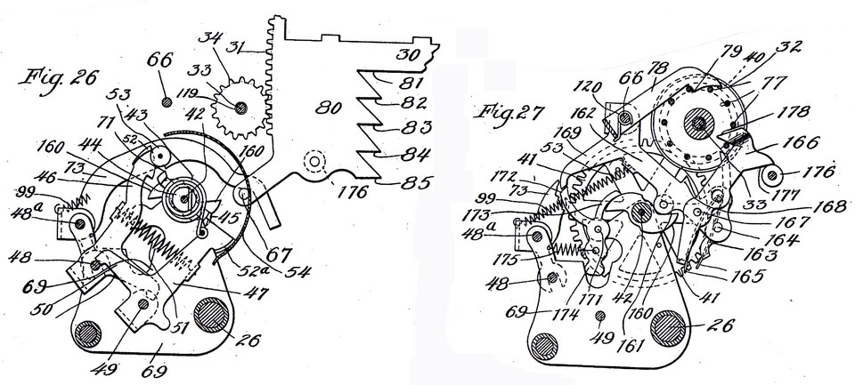 Querschnitte durch das Summierwerk in zwei parallelen Ebenen: Zehnerübertrag, © US762520