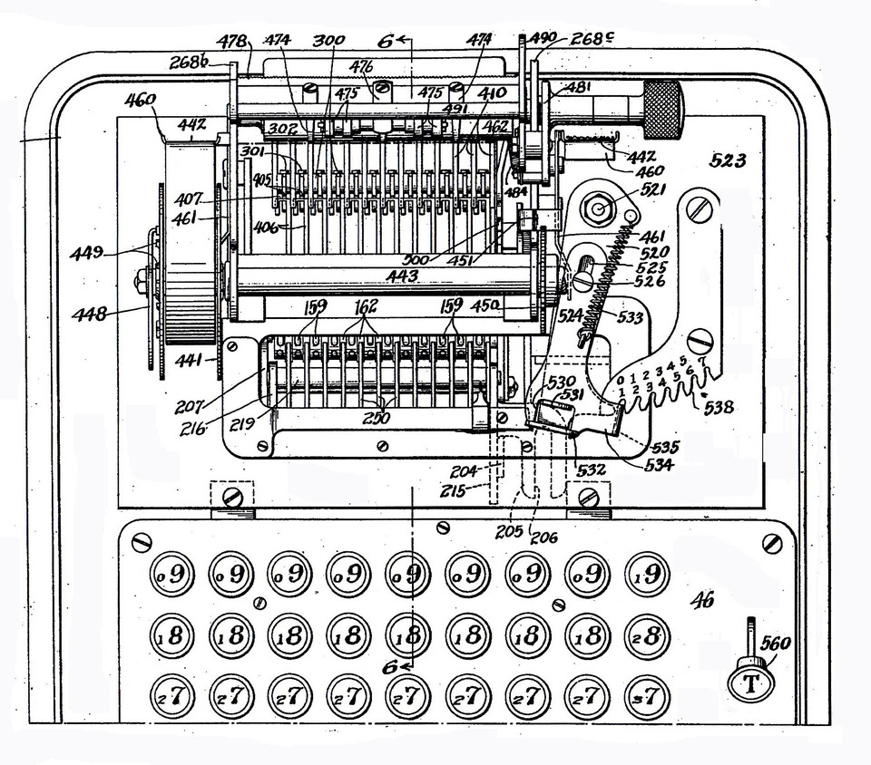 Multiplikationszusatz der Barrett 12 mit dem 12-stelligen verschiebbaren Summierwerk und dem Fixierkamm, © US 1326564