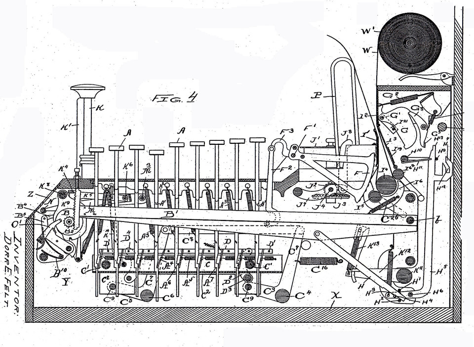 Querschnitt mit Tastatur, Schwinghebel mit Zahn- und Drucksegment, © US 568021