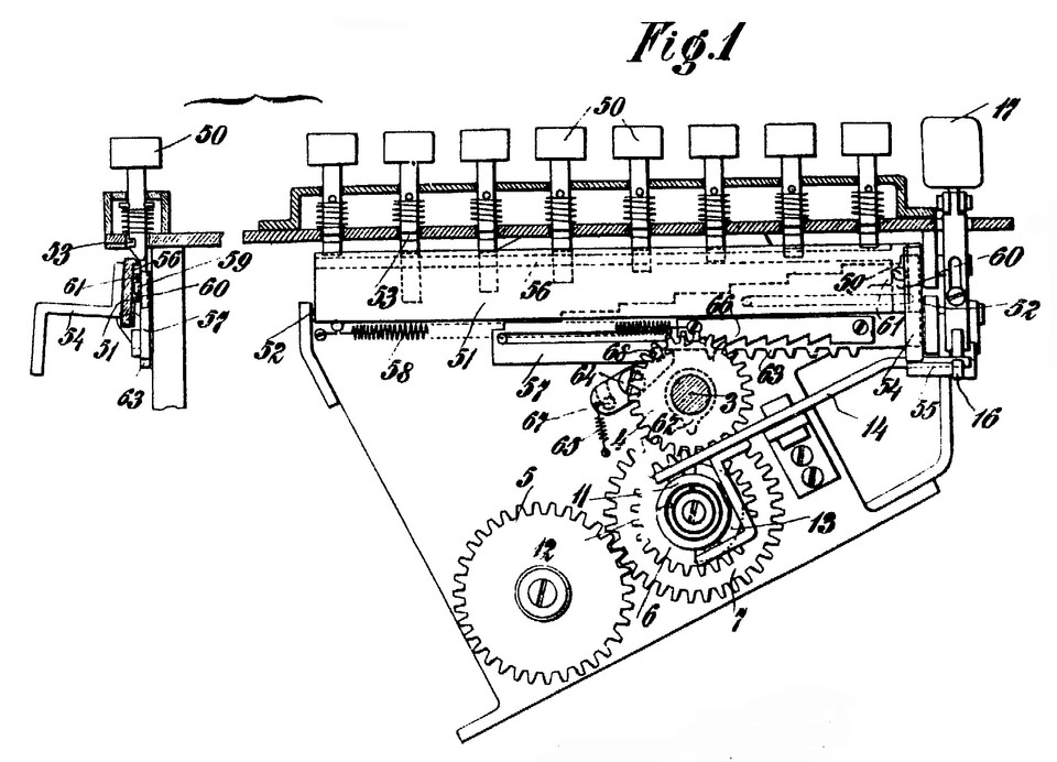 Querschnitt mit Motorantrieb und Wahltastatur. Quelle: AT 65216., © AT 65216.