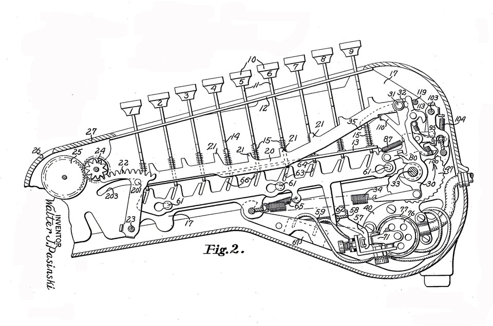 Längsschnitt mit Tastatur, Summierwerk und Motor; aus: US1909714., © US1909714