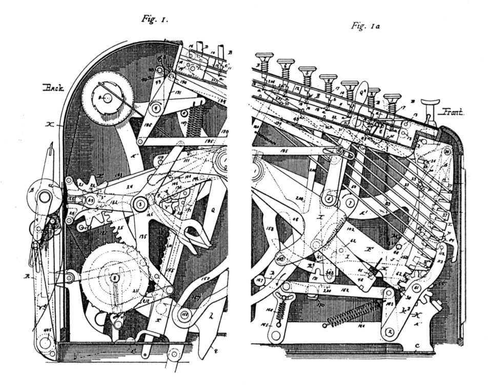 Querschnitt mit Druckmechanismus, Tastatur, Addiersegment und Summierwerk, © DE 50324
