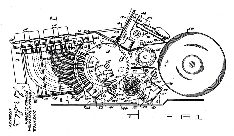 Querschnitt mit Tastatur, Stiftschlitten, Resultatwerk, Druckwerk, © US 3101896